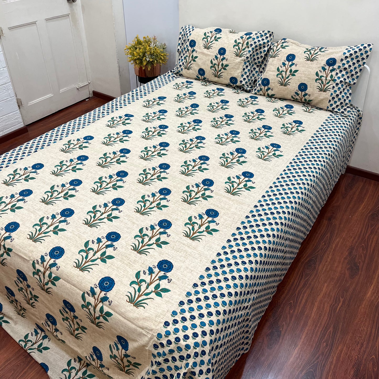 Timeless Floral Blue Ajrak Bedsheet