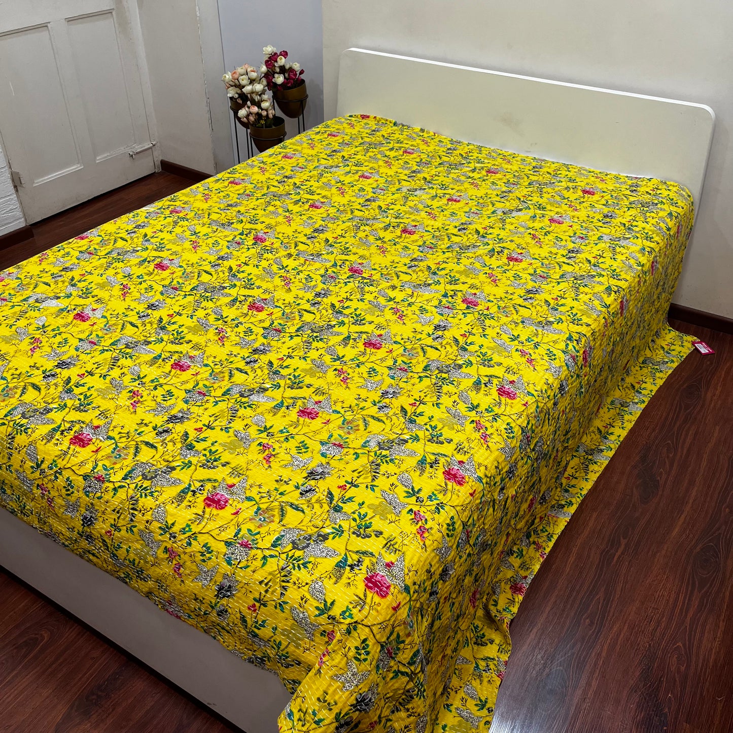 Printed Yellow Floral Kantha Bedcover