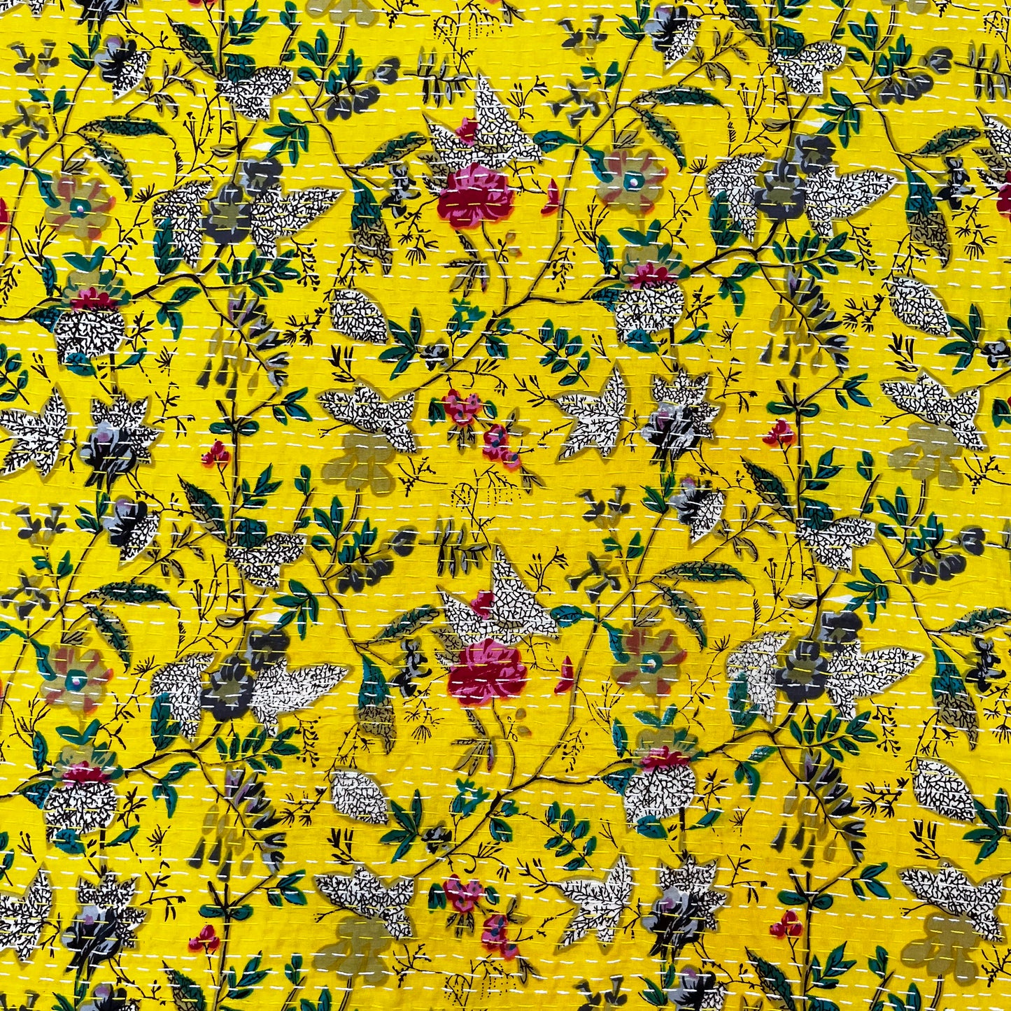 Printed Yellow Floral Kantha Bedcover
