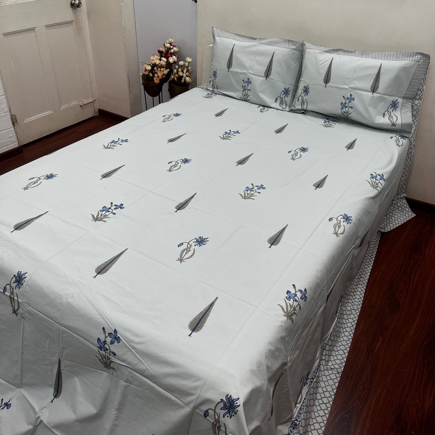 Artisanal Grey Pine Block Print Bedsheet