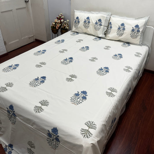 Artisanal Blue Floral Block Print Bedsheet