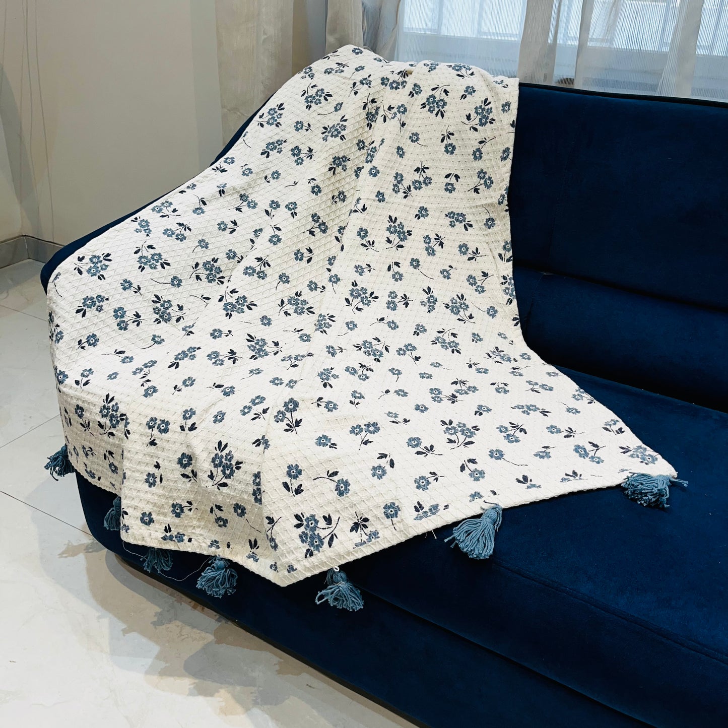 Effortless White on Blue Cotton Sofa Throw