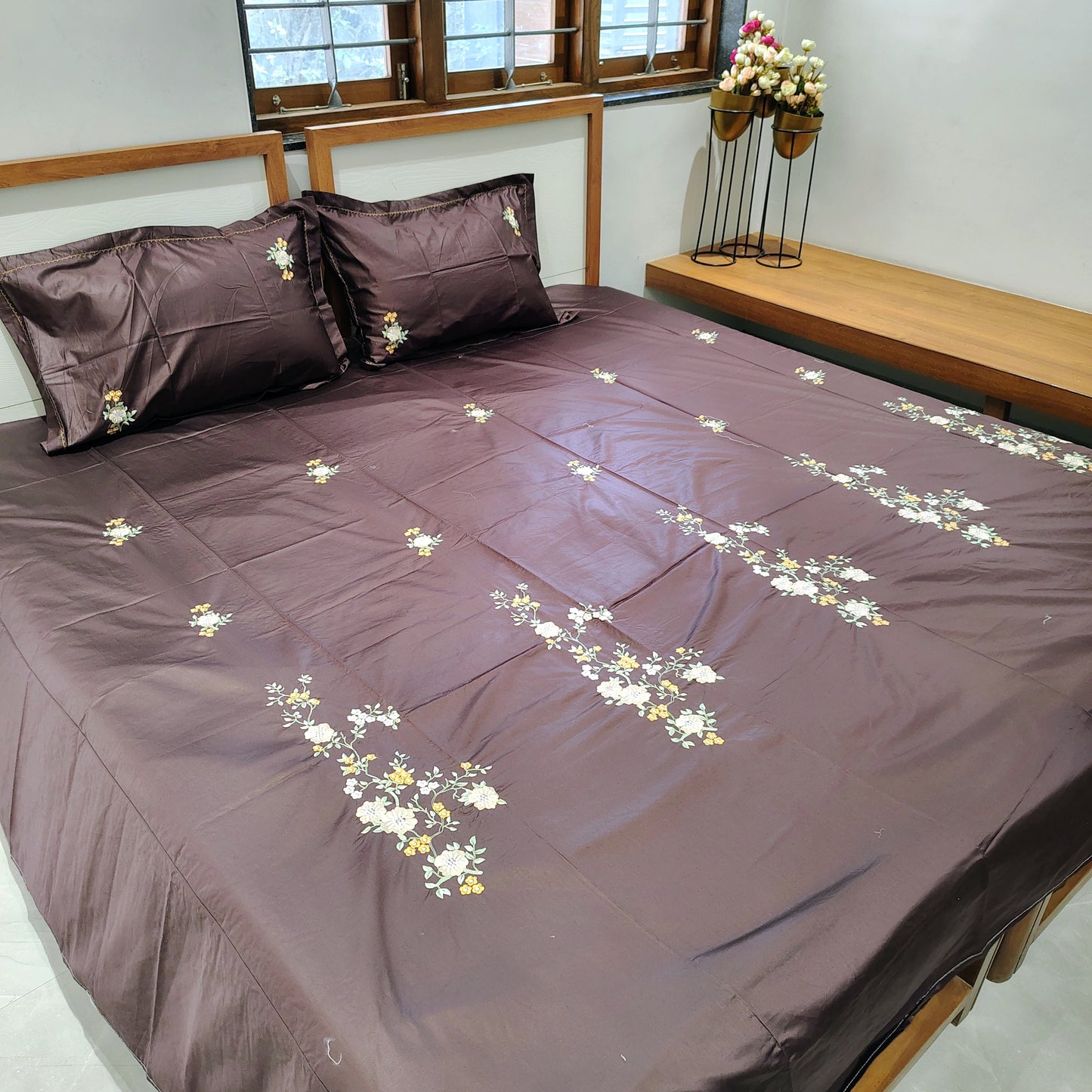 Dark Brown Embroidery Bedsheet