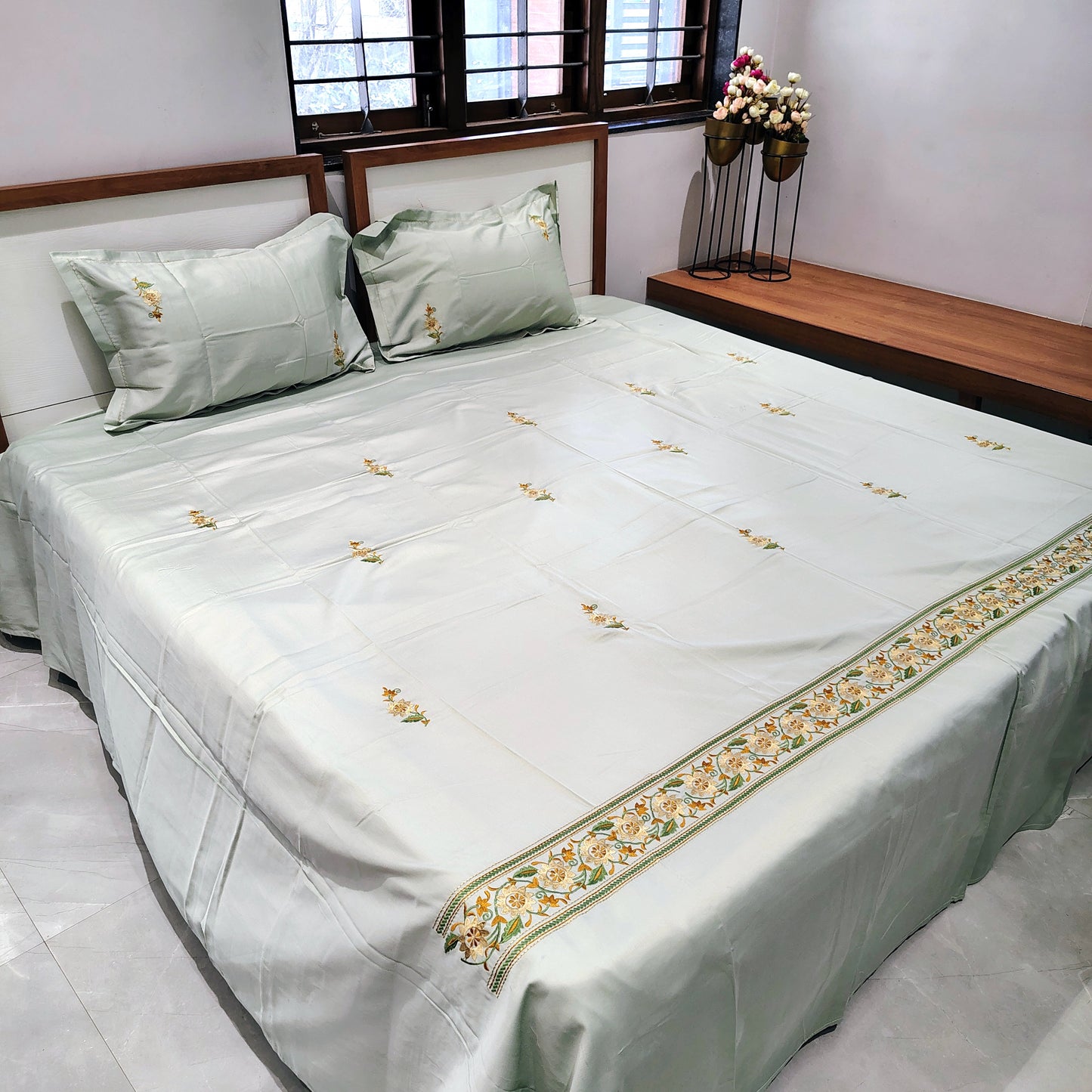 Green Embroidery Bedsheet