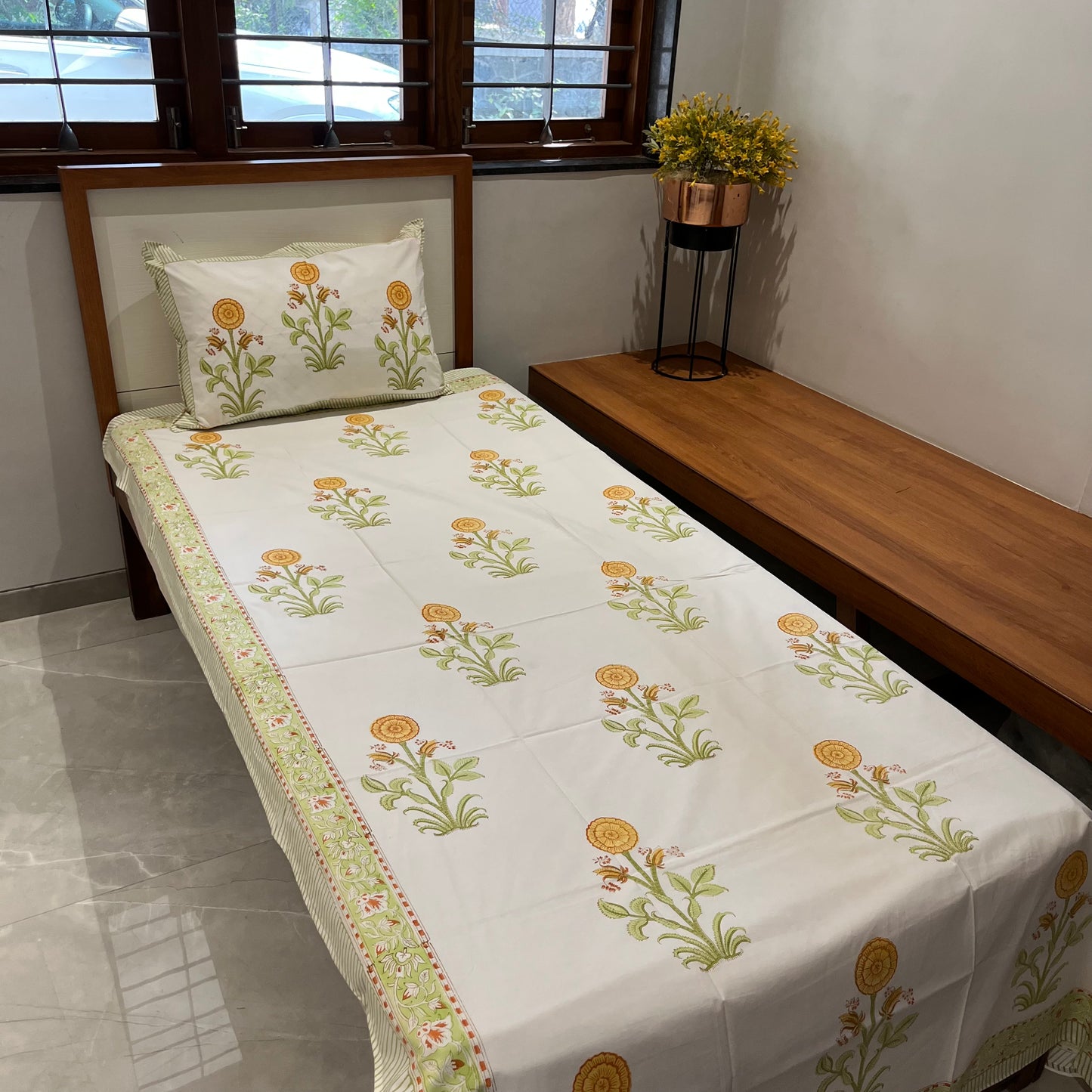 Artisanal Yellow Lilly Block Print Bedsheet