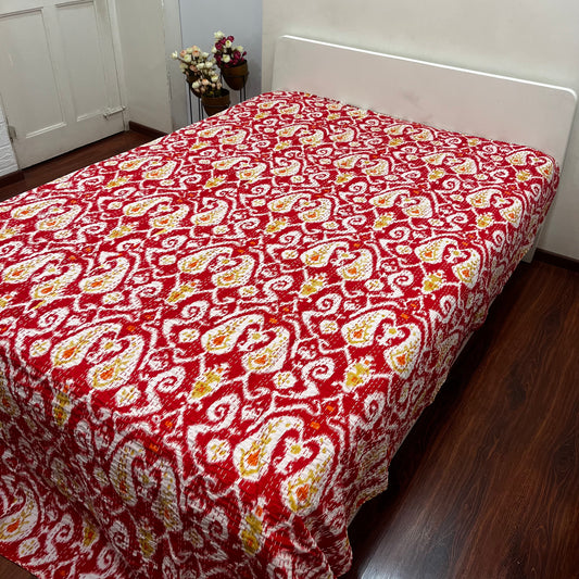 Printed Red Kantha Bedcover