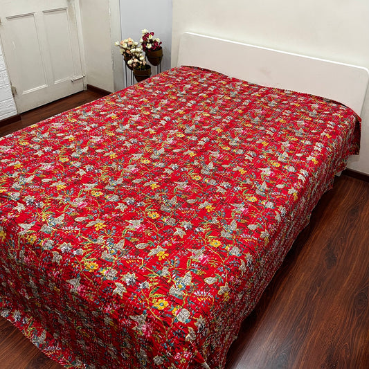 Printed Red Floral Kantha Bedcover