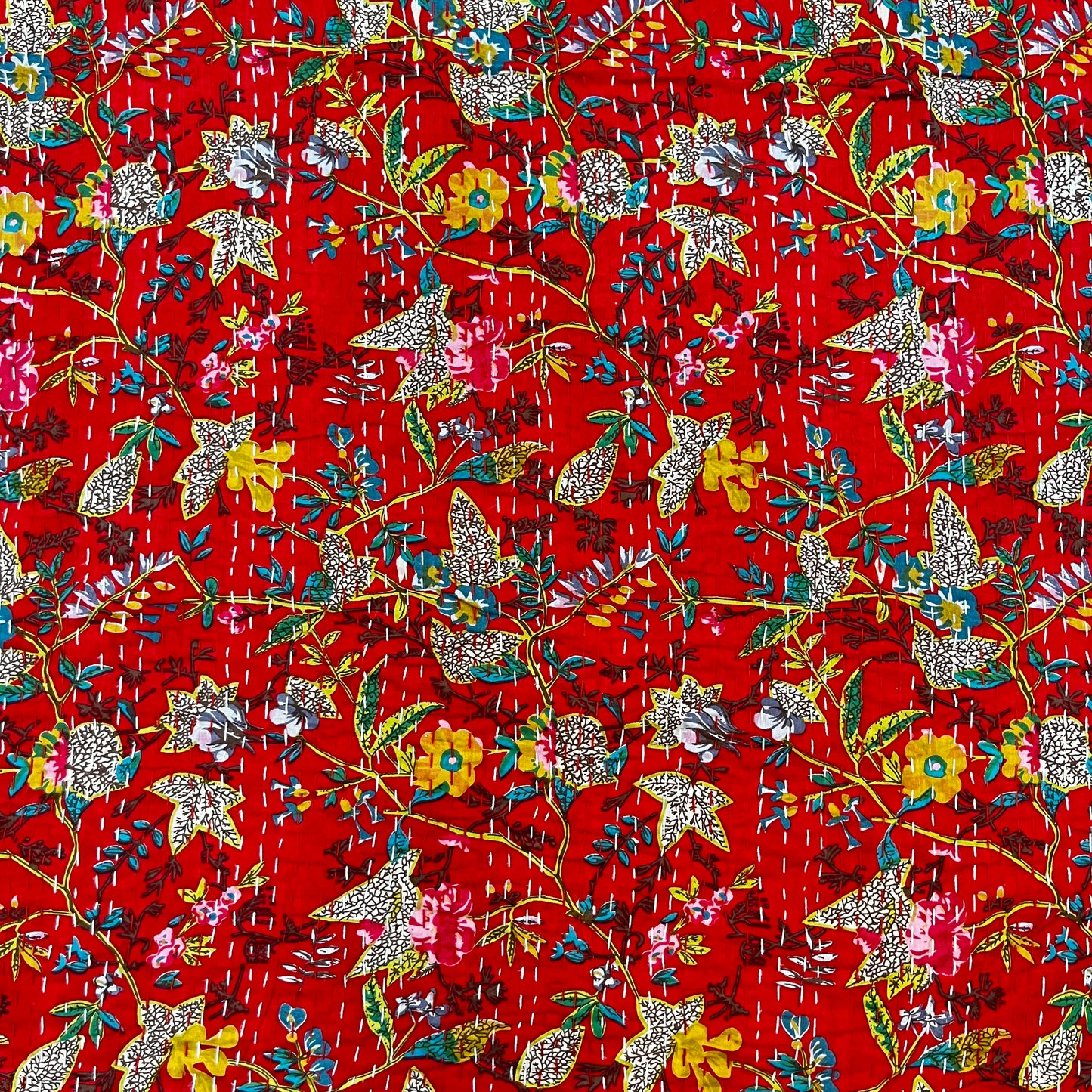 Printed Red Floral Kantha Bedcover