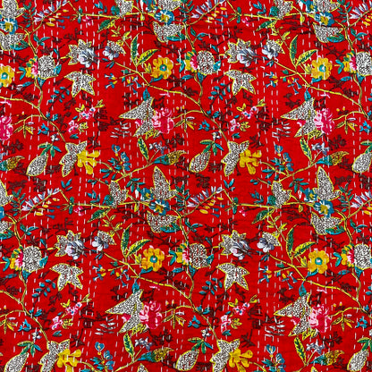 Printed Red Floral Kantha Bedcover