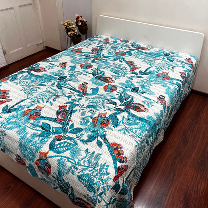 Printed Blue Owl Kantha Bedcover