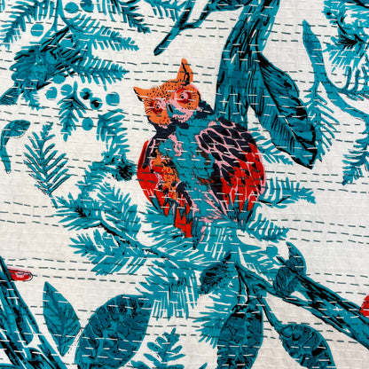 Printed Blue Owl Kantha Bedcover