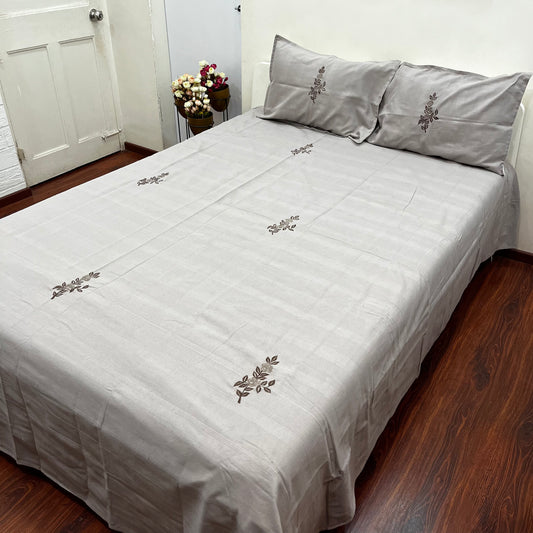 Embroidered Grey Floral Bedcover