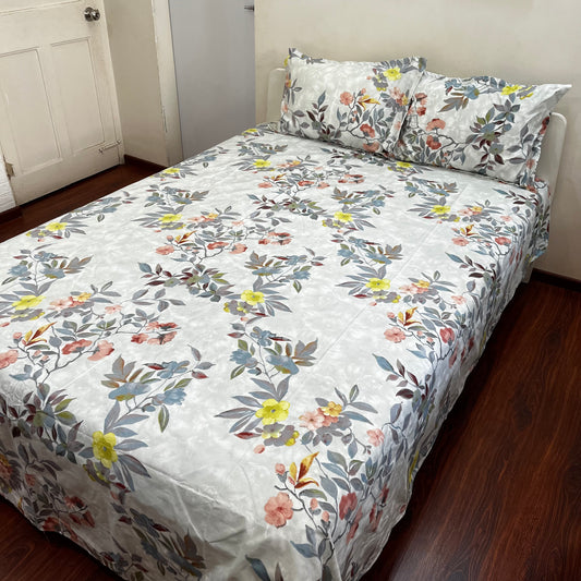 Grey Floral Printed Bedsheet