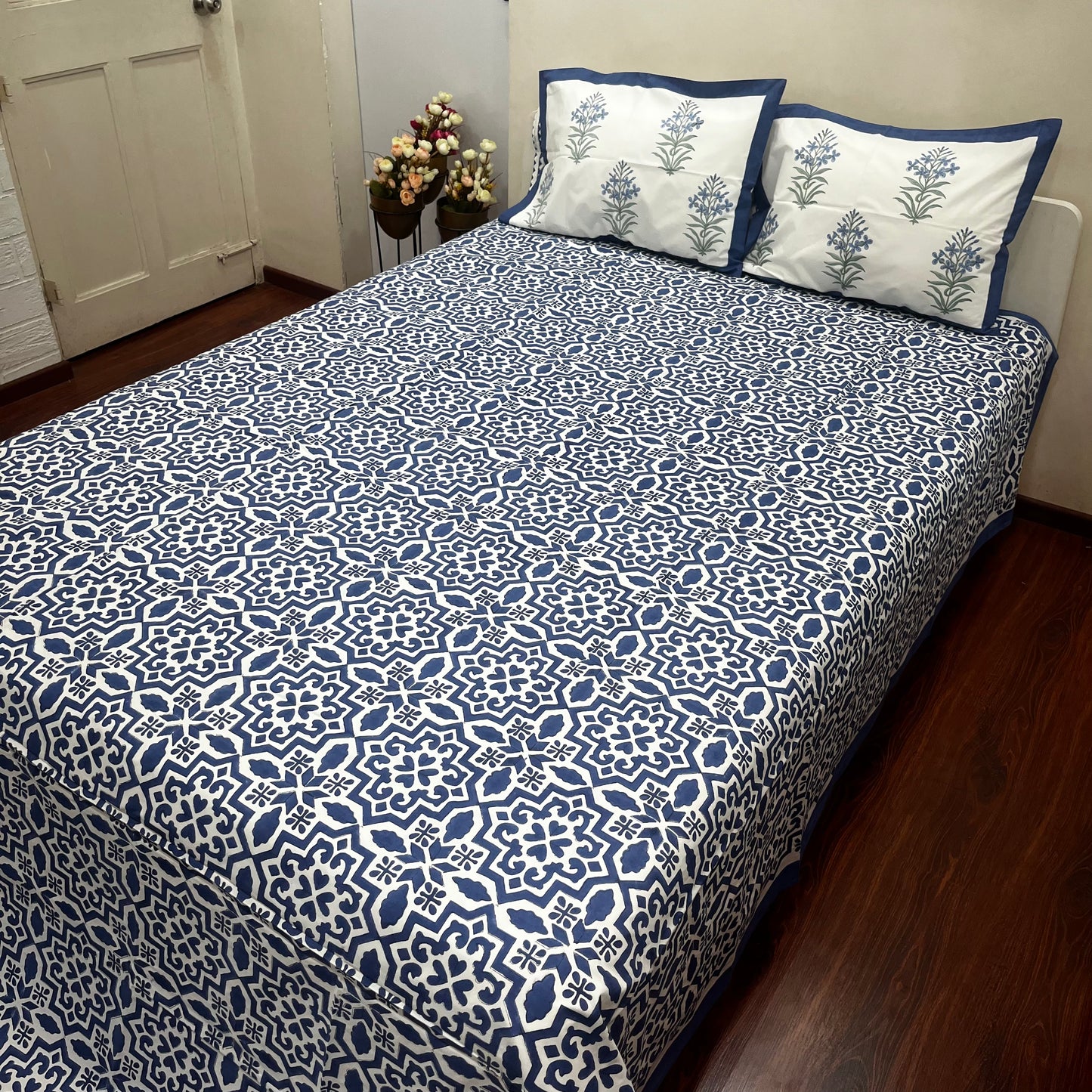 Artisanal Blue Geometric Block Print Bedsheet