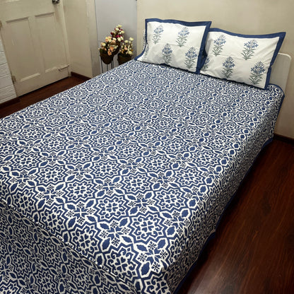 Artisanal Blue Geometric Block Print Bedsheet