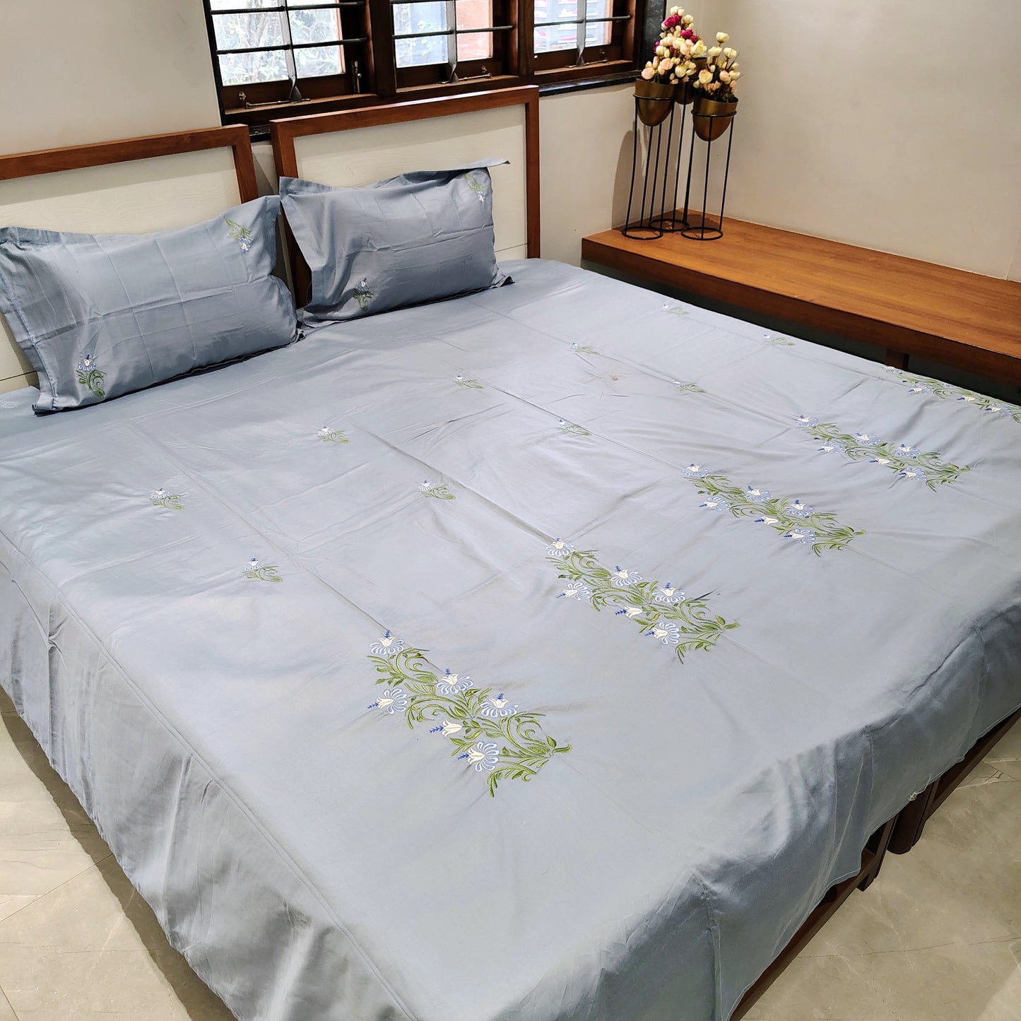 Blue Embroidery Bedshhet