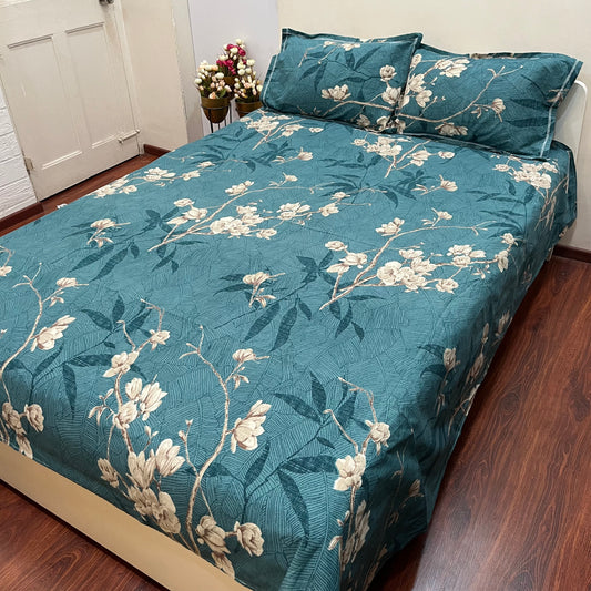 Peacock Green Floral Print Bedsheet