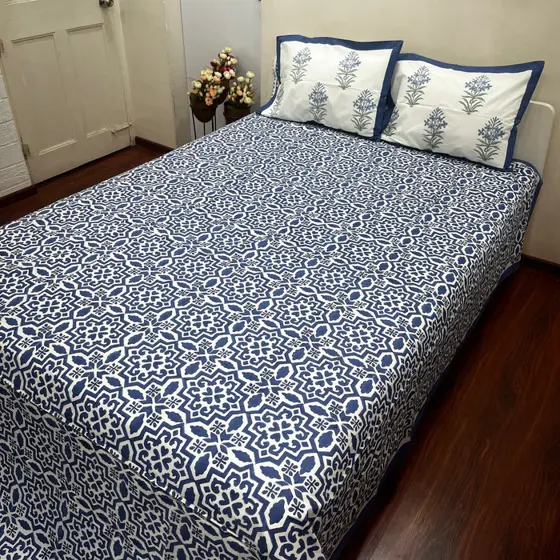 Artisanal Blue Geometric Block Print Bedsheet