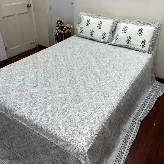 Artisanal Grey Floral Block Print Bedsheet