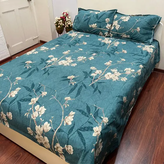 Peacock Green Floral Print Bedsheet