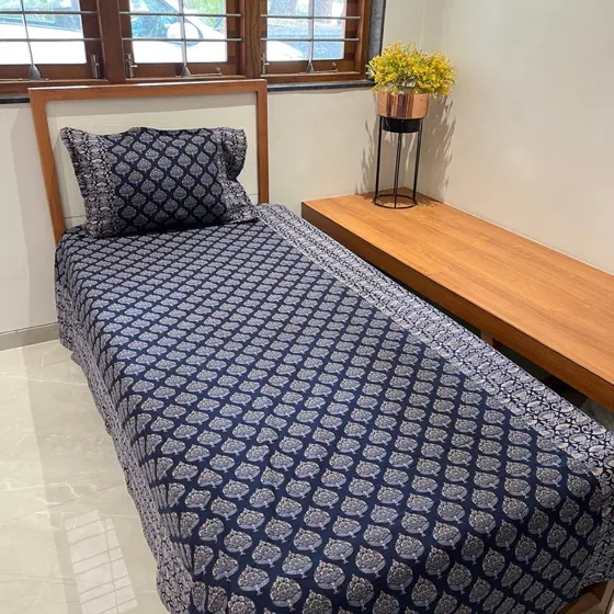 Timeless Blue Spade Ajrak Bedsheet